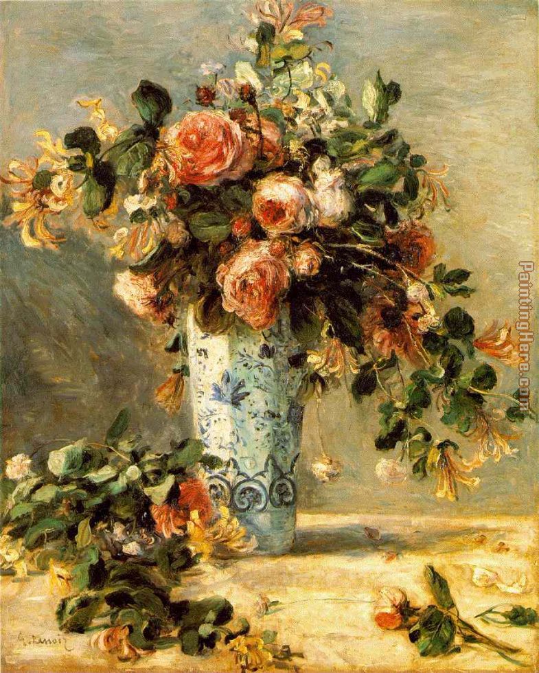 Les roses et jasmin dans le vase de Delft painting - Pierre Auguste Renoir Les roses et jasmin dans le vase de Delft art painting